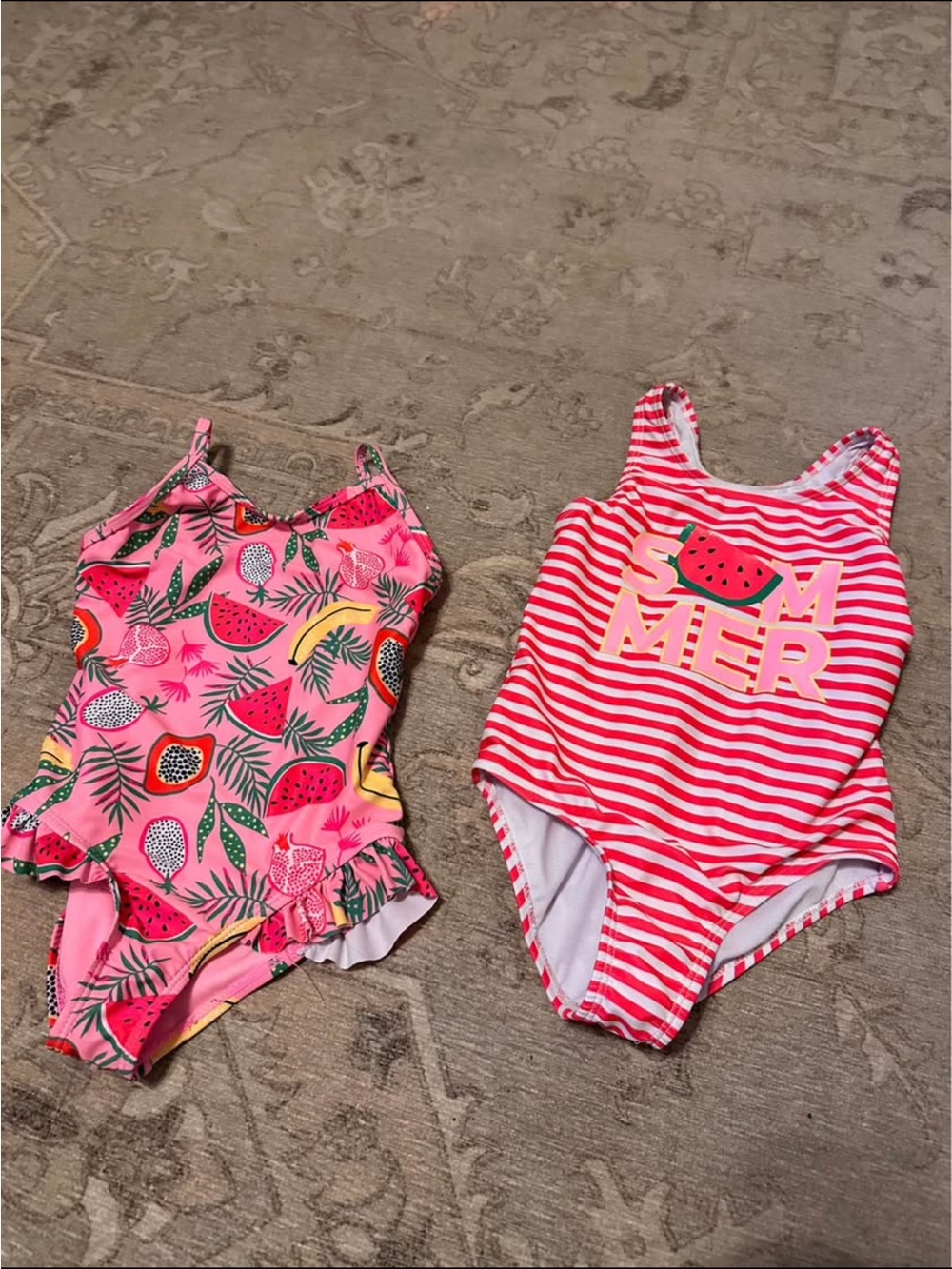 Girls Pink Fruit Print One-Piece Swimsuits - Set of 2